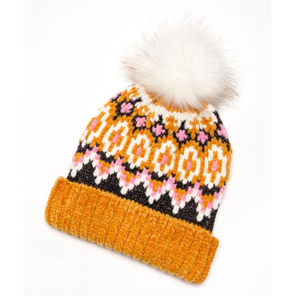 🌙FREE PEOPLE Chalet Fairisle Pom Beanie / Mustard Combo🌙 - Picture 1 of 7